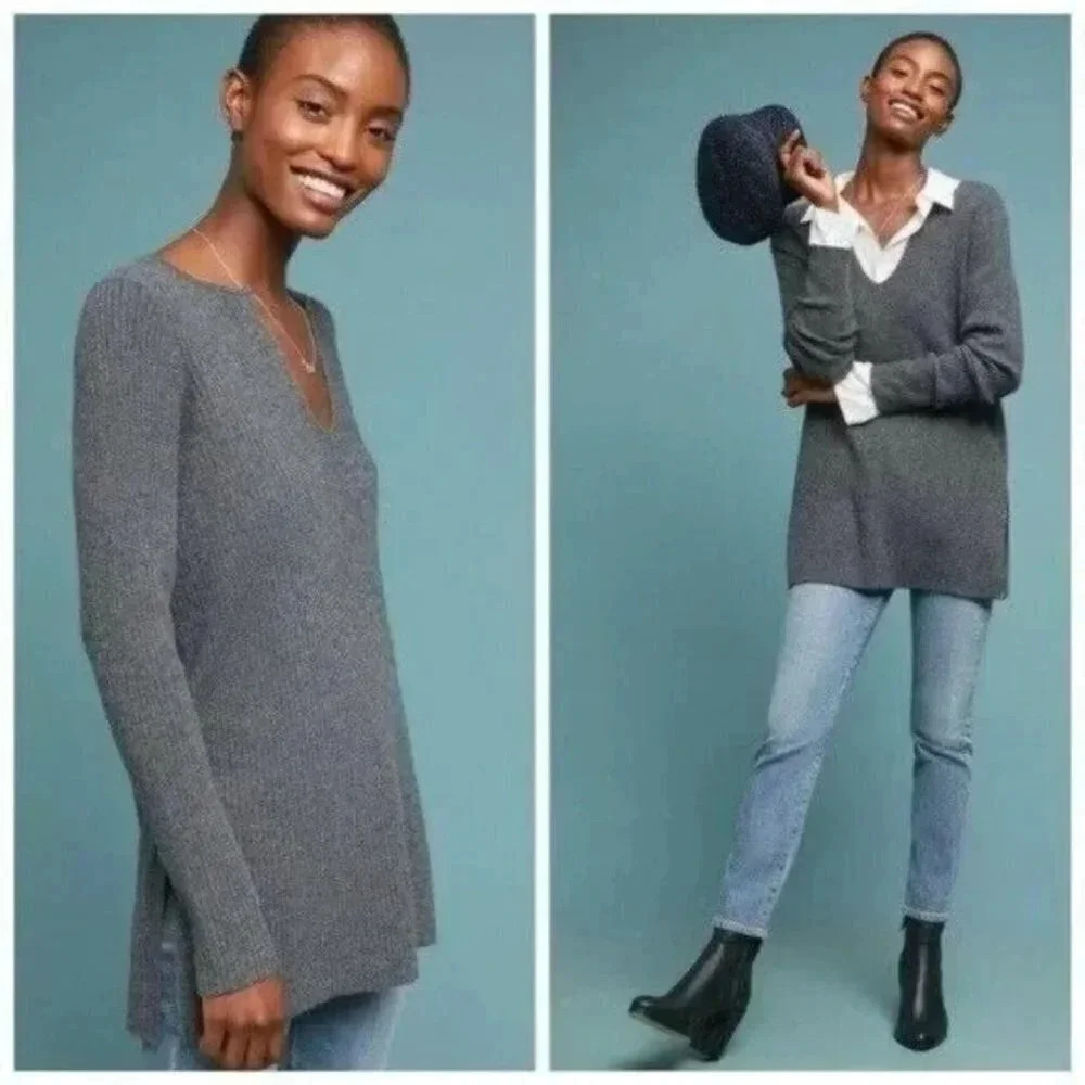 Anthropologie Sweater Women's XS Ett:twa Wool Blend Grey Ribbed V Neck Pullover